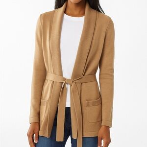 PETER MILLAR 100% Merino Wool Tie Waist Cardigan Sweater Camel Tan Women's Large